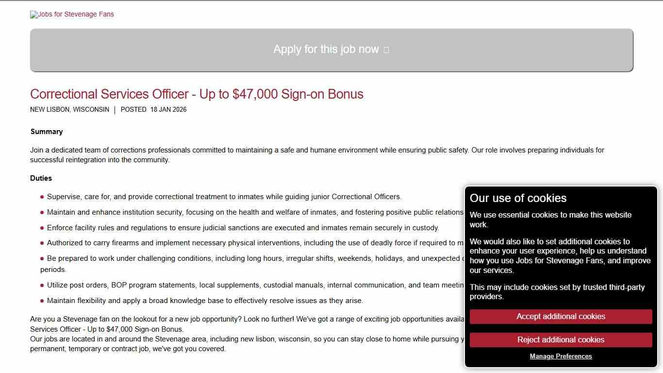 Correctional Services Officer - Up to $47,000 Sign-on Bonus, New Lisbon, Wisconsin - Jobs for Stevenage Fans